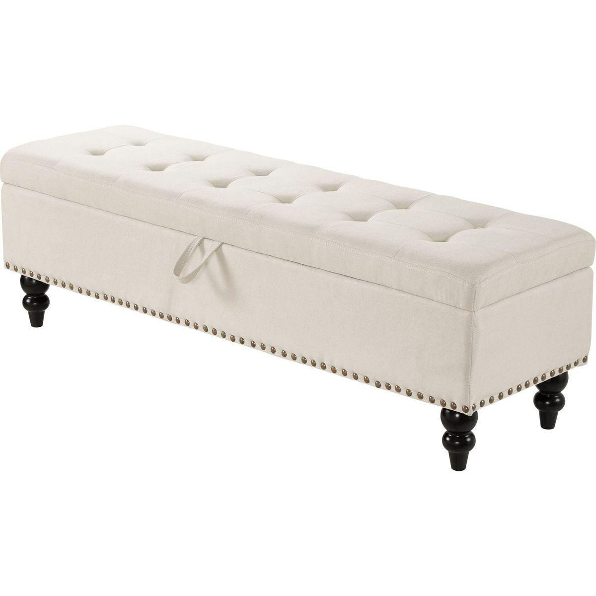 59" Bed Bench Ottoman with Storage Beige Fabric