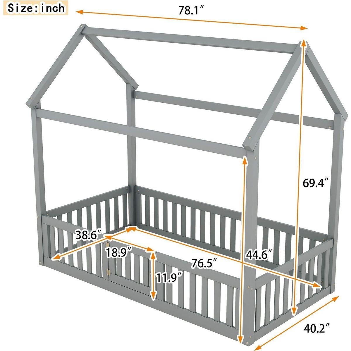 Twin Size Wood House Bed with Fence and Door, Gray