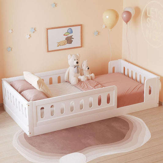 Wood Twin Size Platform Bed with Guardrail, White(Expected Arrival Time: 10.28) - Streamdale Furniture