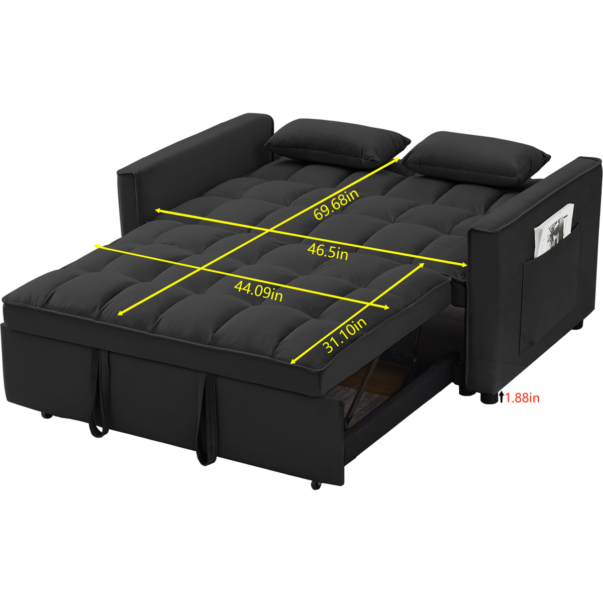 Modern Velvet Loveseat Futon Sofa Couch w/Pullout Bed,Small Love Seat Lounge Sofa w/Reclining Backrest,Toss Pillows, Pockets,Furniture for Living Room,3 in 1 Convertible Sleeper Sofa Bed, Black