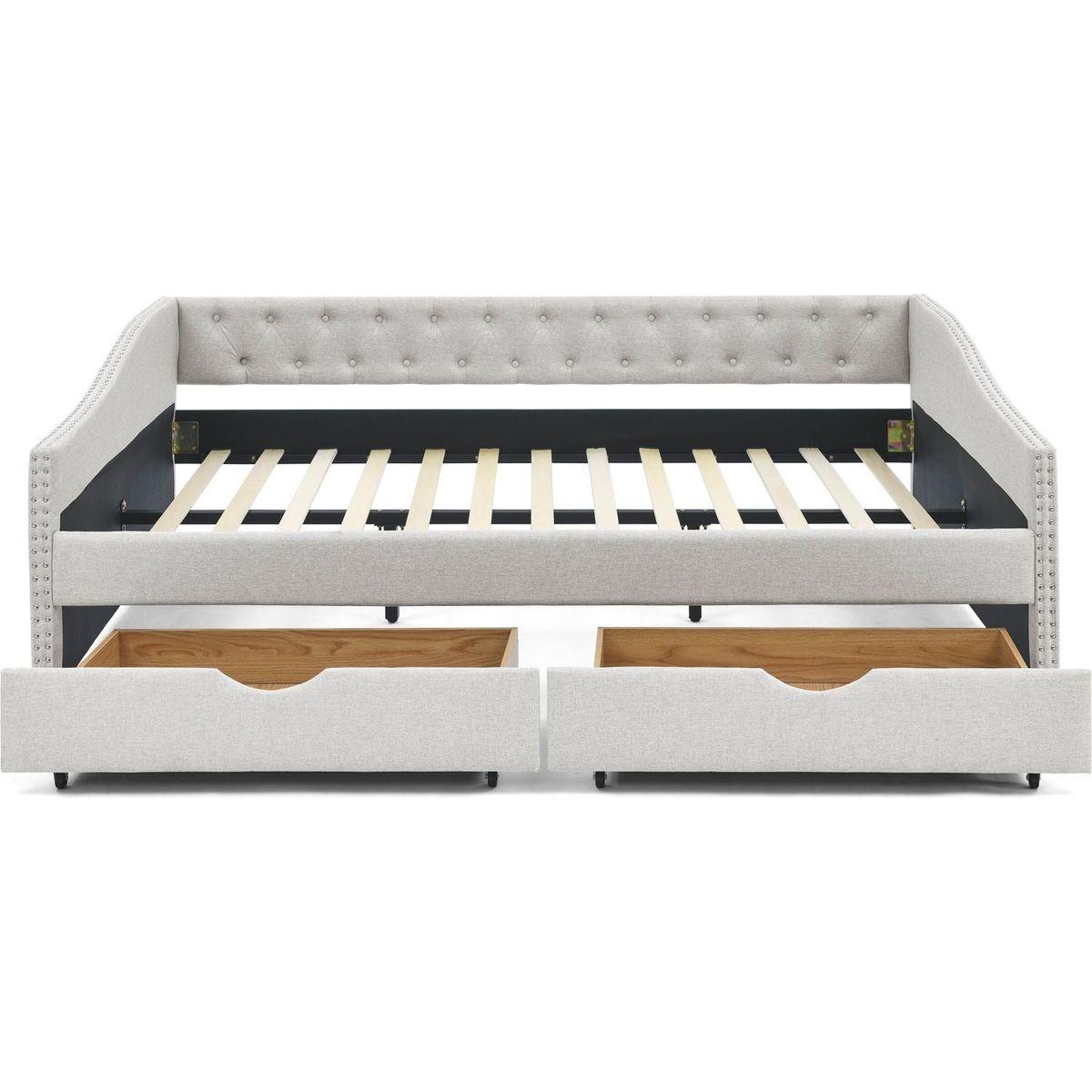 Queen Size Daybed with Drawers Upholstered Tufted Sofa Bed,,with Button on Back and Copper Nail on Waved Shape Arms, Beige (84.5"x63.5"x26.5")