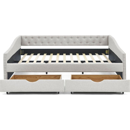 Queen Size Daybed with Drawers Upholstered Tufted Sofa Bed,,with Button on Back and Copper Nail on Waved Shape Arms, Beige (84.5"x63.5"x26.5")