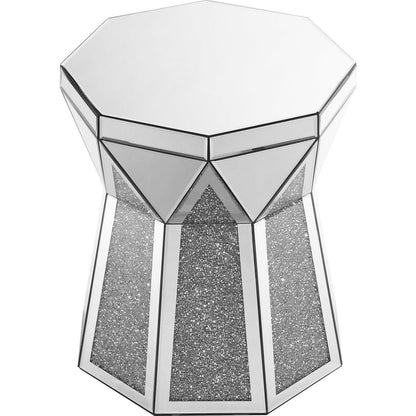 Drum style coffee table with mirror crystal inlay, polygonal silver decorative table, modern design luxury modern furniture, 20 inch (about 50 centimeters) low coffee table, suitable for living room