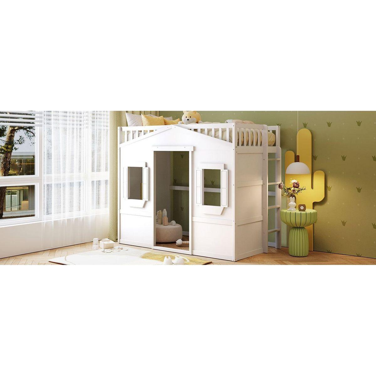 Twin Size House Loft Bed With Ladder-White