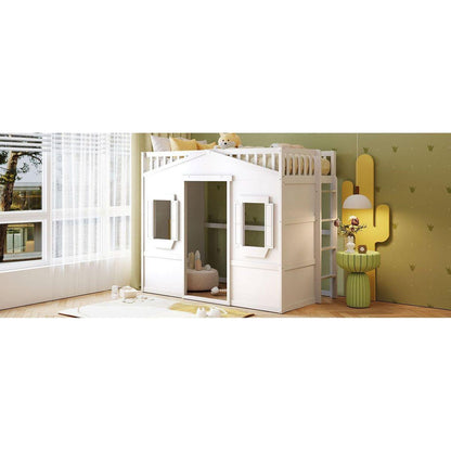 Twin Size House Loft Bed With Ladder-White