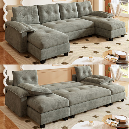 104.7' U-Shaped Sleeper Sofa with Pull Out Bed,2 in 1 Convertible Couch Bed with Removable Armrests & USB Ports,Oversized Sectional Modular with Chaise Lounge for Living Room/Apartment,Light Grey