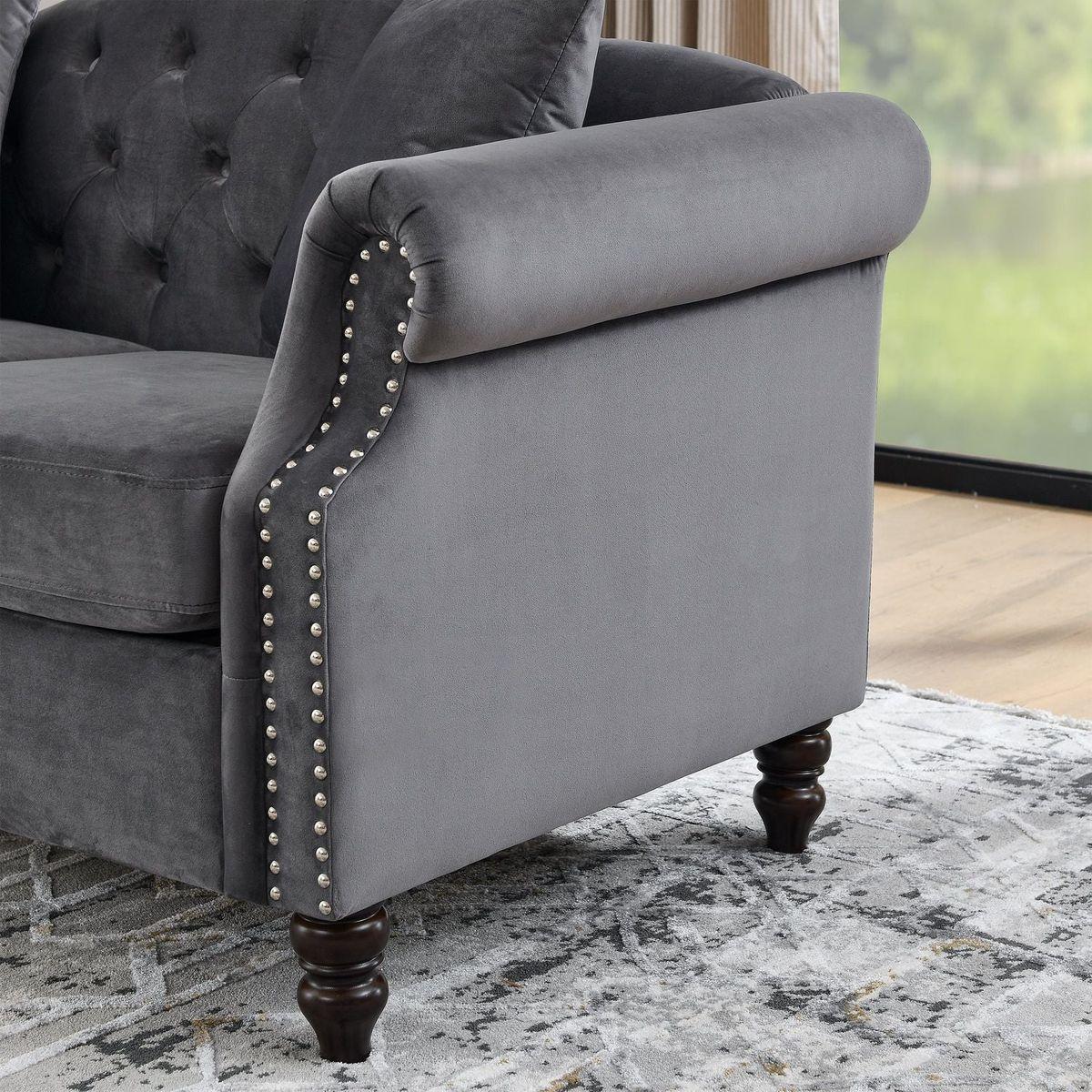 57" Chesterfield Sofa Grey Velvet for Living Room, 2 Seater Sofa Tufted Couch with Rolled Arms and Nailhead for Living Room, Bedroom, Office, Apartment, two pillows