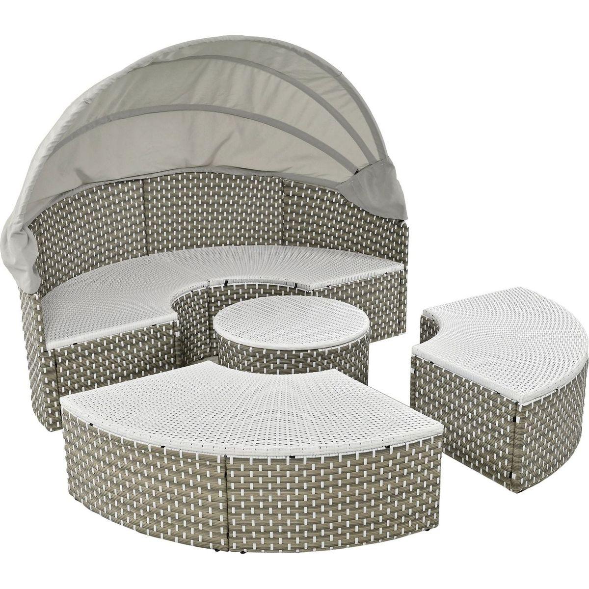 Patio Furniture Round Outdoor Sectional Sofa Set Rattan Daybed Two-Tone Weave Sunbed with Retractable Canopy, Separate Seating and Removable Cushion, Gray