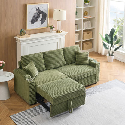 80-inch two-in-one folding sofa, foldable and hidden lying function, corduroy fabric, equipped with cup holder and pillow, easily adapts to the living room space, green