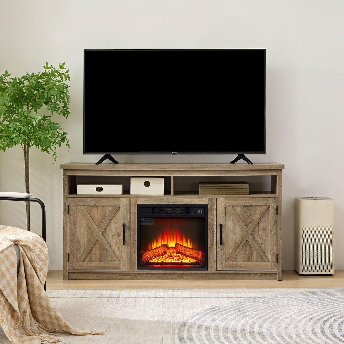 Farmhouse TV Media Stand, Large Barn Inspired Home Entertainment Console, with 18" Fireplace Insert, for TV Up to 65", with Open Shelves and Closed Cabinets, Gray Wash 57.87x15.75x30.31