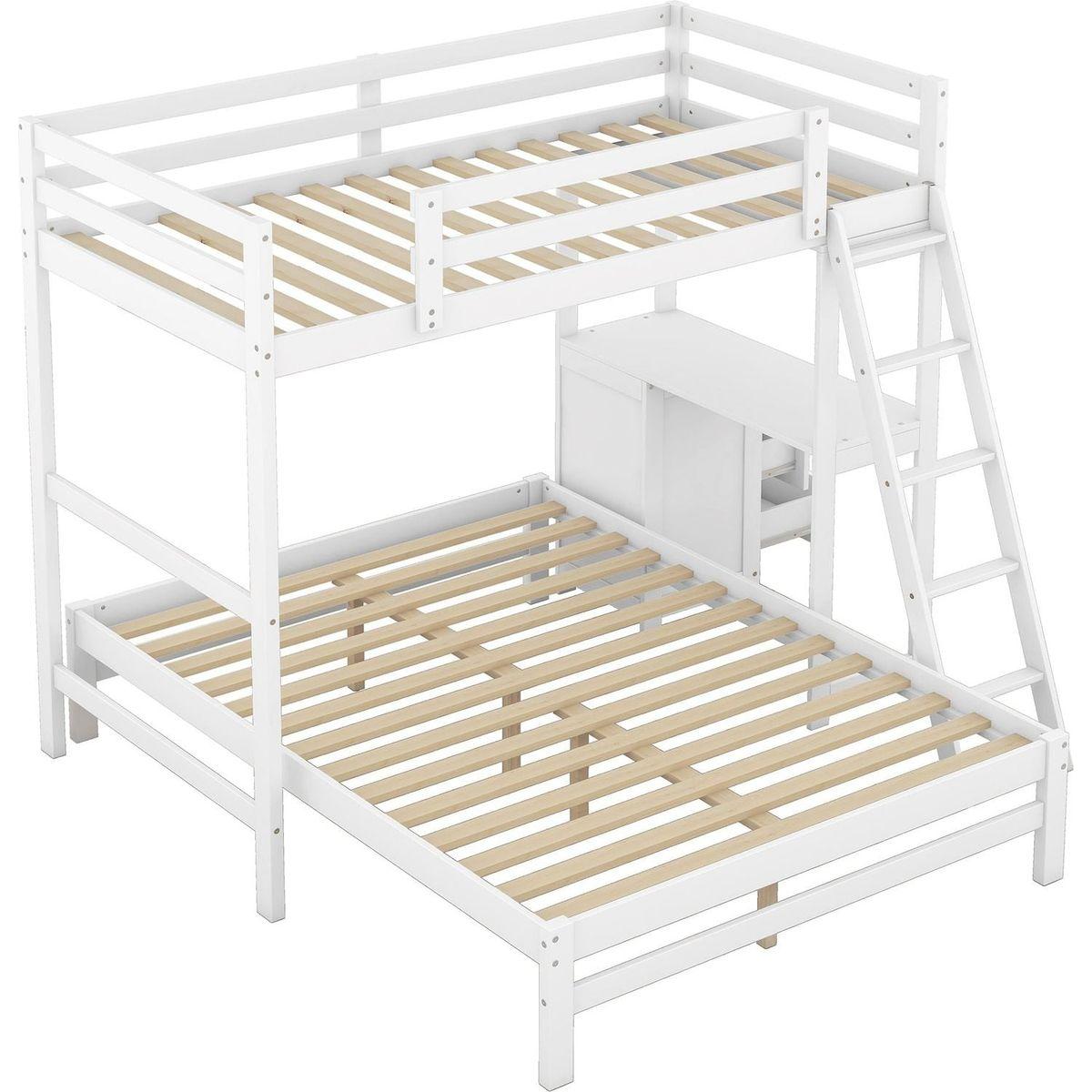 Twin over Full Bunk Bed with Built-in Desk and Three Drawers,White