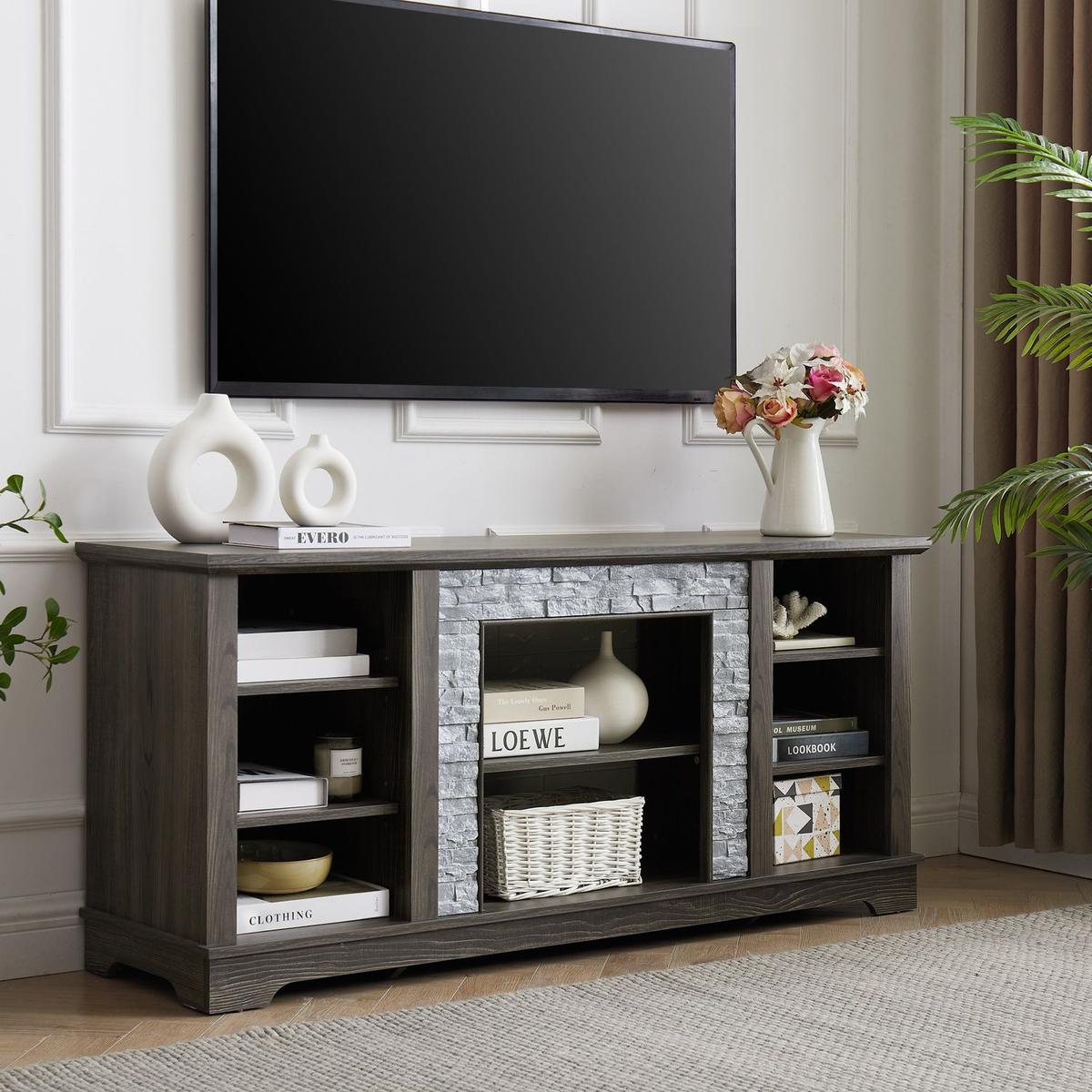 Mantel Stone TV Media Stand with with Faux Stacked Stone Surround, Modern Entertainment Console with Open Storage Space,Grey, 58.31"Wx15.39"Dx26.06"H