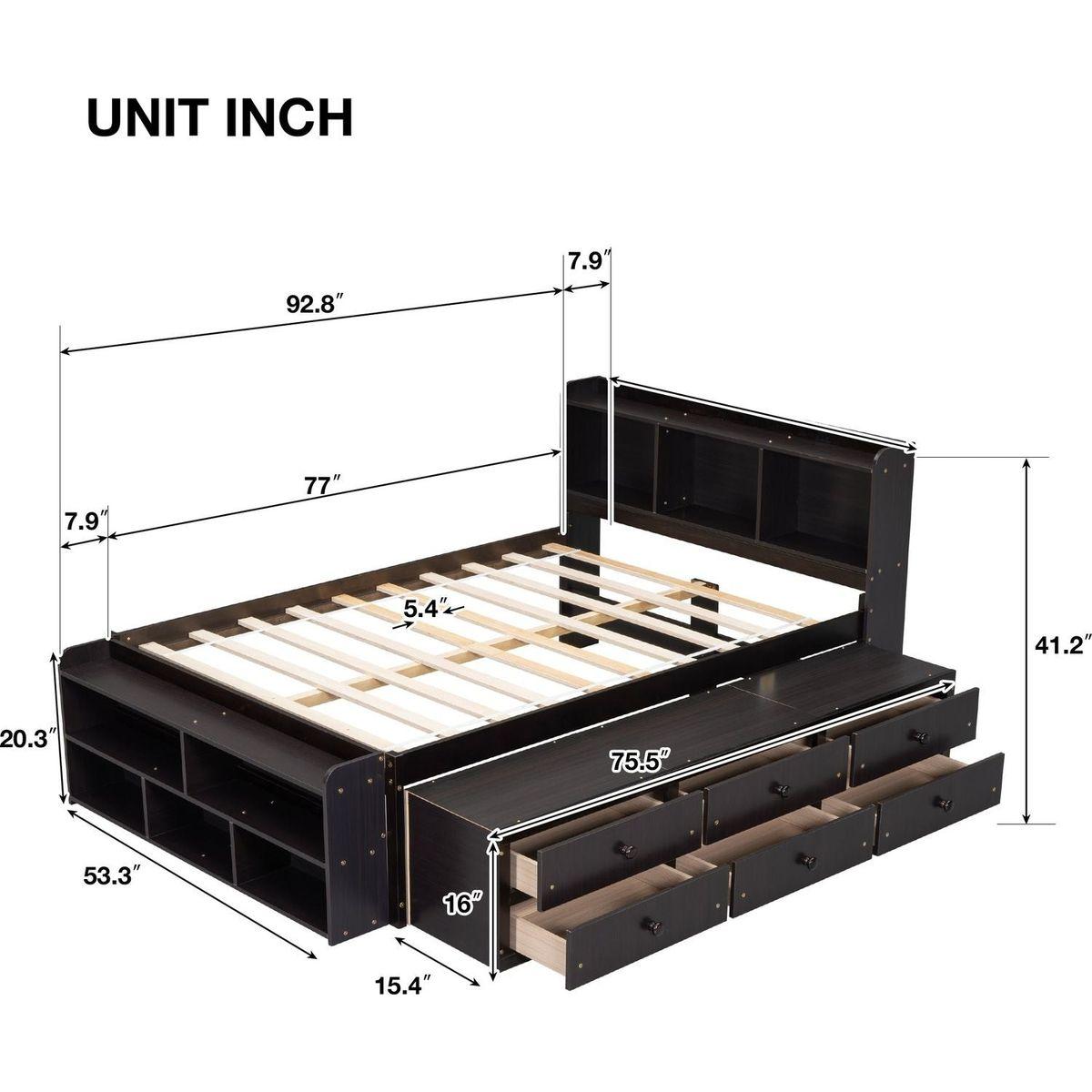 Full Bed with Bookcase Headboard, Under bed Storage Drawers and Bed End Storage Case,Espresso