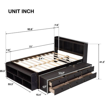 Full Bed with Bookcase Headboard, Under bed Storage Drawers and Bed End Storage Case,Espresso