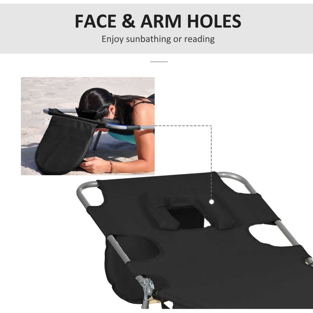 Folding Beach Lounge Chair with Face Hole and Arm Slots, 5-level Adjustable Sun Lounger Tanning Chair with Pillow for Patio, Garden, Beach, Pool, Black