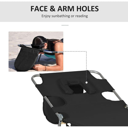 Folding Beach Lounge Chair with Face Hole and Arm Slots, 5-level Adjustable Sun Lounger Tanning Chair with Pillow for Patio, Garden, Beach, Pool, Black