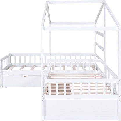 Twin Size House Platform Bed with Three Storage Drawers,White
