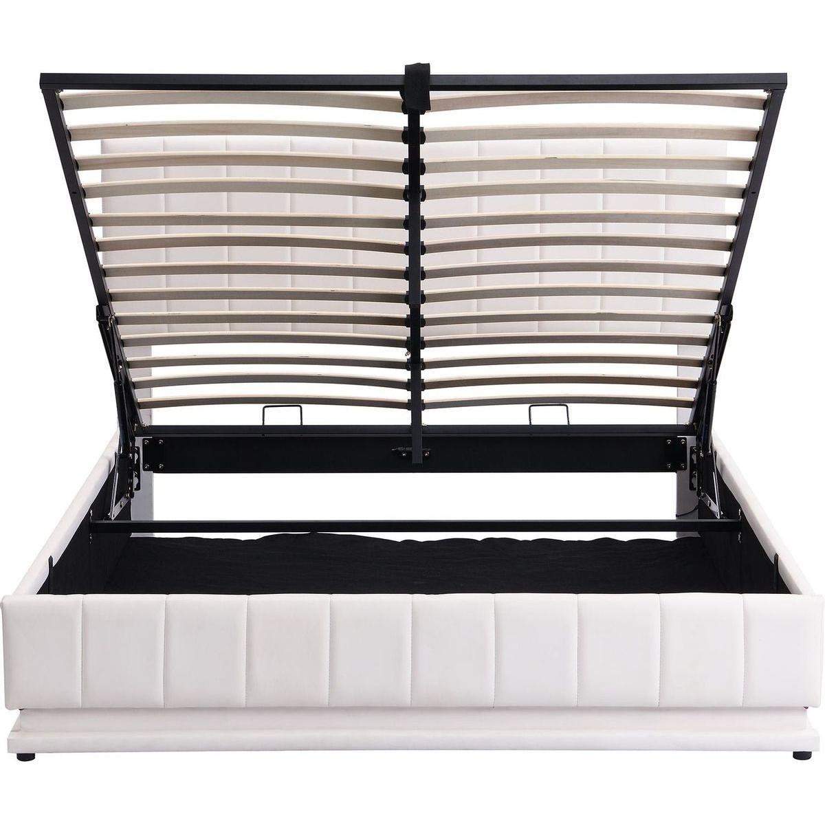 Queen Size Upholstered Bed with Hydraulic Storage System and LED Light, Modern Platform Bed with Sockets and USB Ports, White