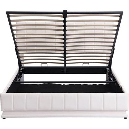 Queen Size Upholstered Bed with Hydraulic Storage System and LED Light, Modern Platform Bed with Sockets and USB Ports, White