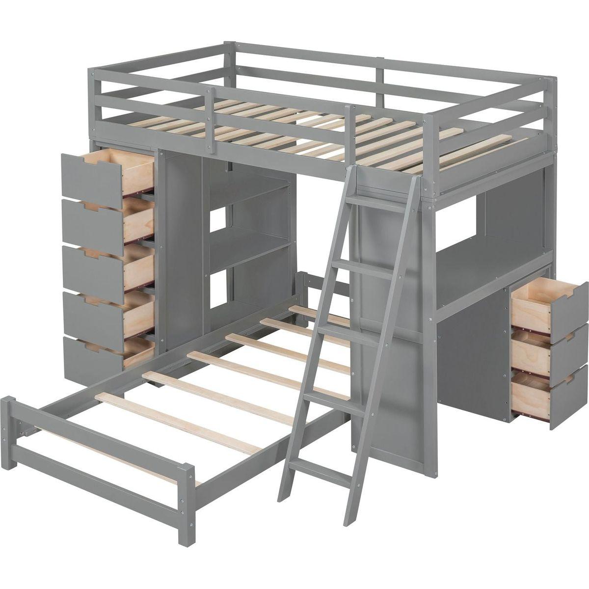 Twin over Twin Bunk Bed with LED Light and USB Ports, Gray