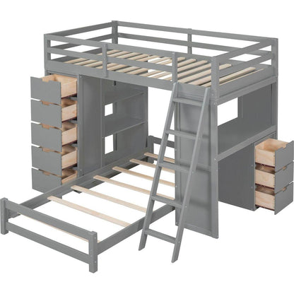 Twin over Twin Bunk Bed with LED Light and USB Ports, Gray
