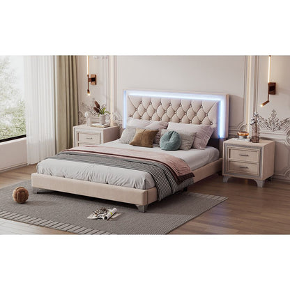 3-Pieces Bedroom Sets,Queen Size Upholstered Platform Bed with LED Lights and Two Nightstands-Beige