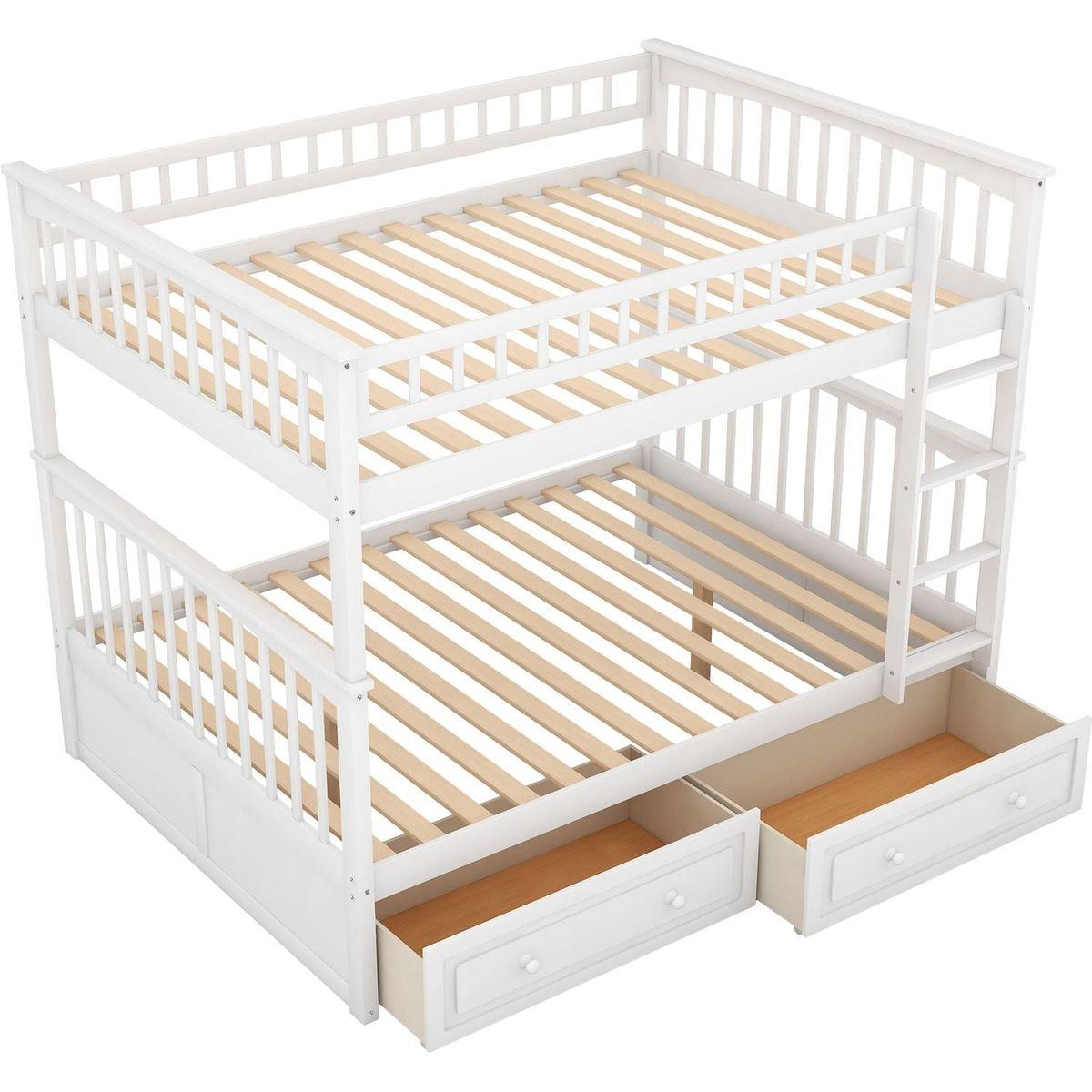 Full over Full Bunk Bed with Drawers, Convertible Beds, White