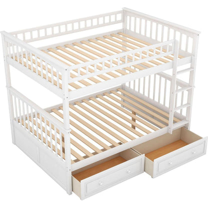 Full over Full Bunk Bed with Drawers, Convertible Beds, White