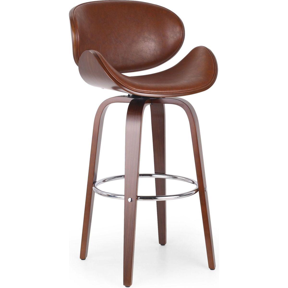 30" Mid-Century Modern Upholstered Swivel Barstool, Walnut + Cognac