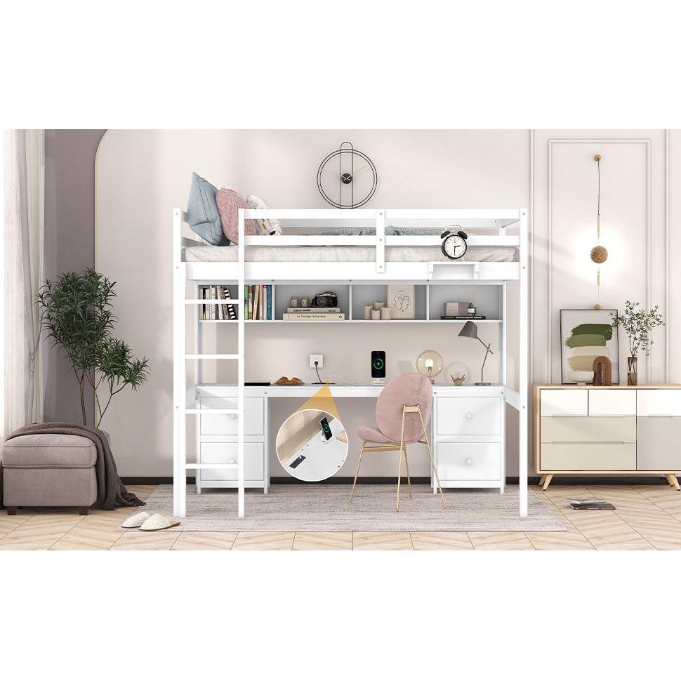 Full Size Loft Bed with Desk, Cabinets, Drawers and Bedside Tray, Charging Station, White