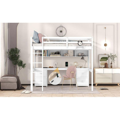 Full Size Loft Bed with Desk, Cabinets, Drawers and Bedside Tray, Charging Station, White