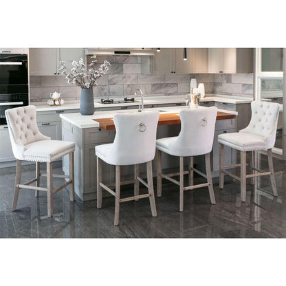 Contemporary Velvet Upholstered Barstools with Button Tufted Decoration and Wooden Legs, and Chrome Nailhead Trim, Leisure Style Bar Chairs,Bar stools, Set of 2 (Beige)