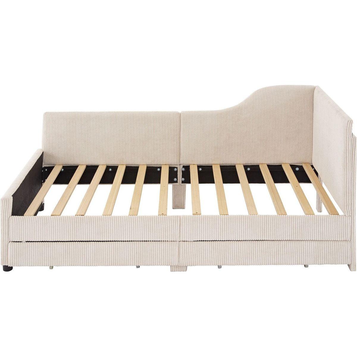 Twin Size L-Shaped Corduroy Daybed,Upholstered Bed Frame with 2 Storage Drawers, Beige