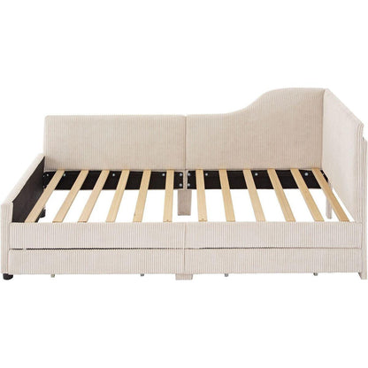 Twin Size L-Shaped Corduroy Daybed,Upholstered Bed Frame with 2 Storage Drawers, Beige