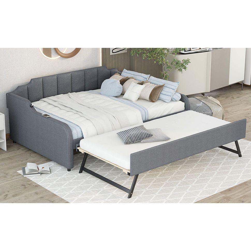 Full Size Upholstery Daybed with Trundle and USB Charging Design,Trundle can be flat or erected,Gray