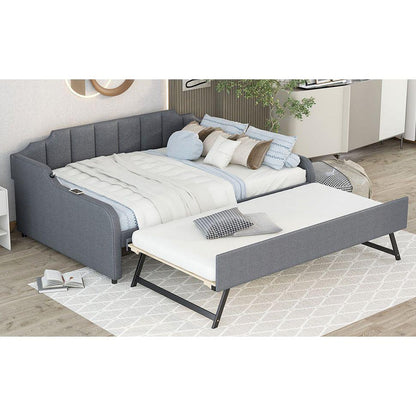 Full Size Upholstery Daybed with Trundle and USB Charging Design,Trundle can be flat or erected,Gray