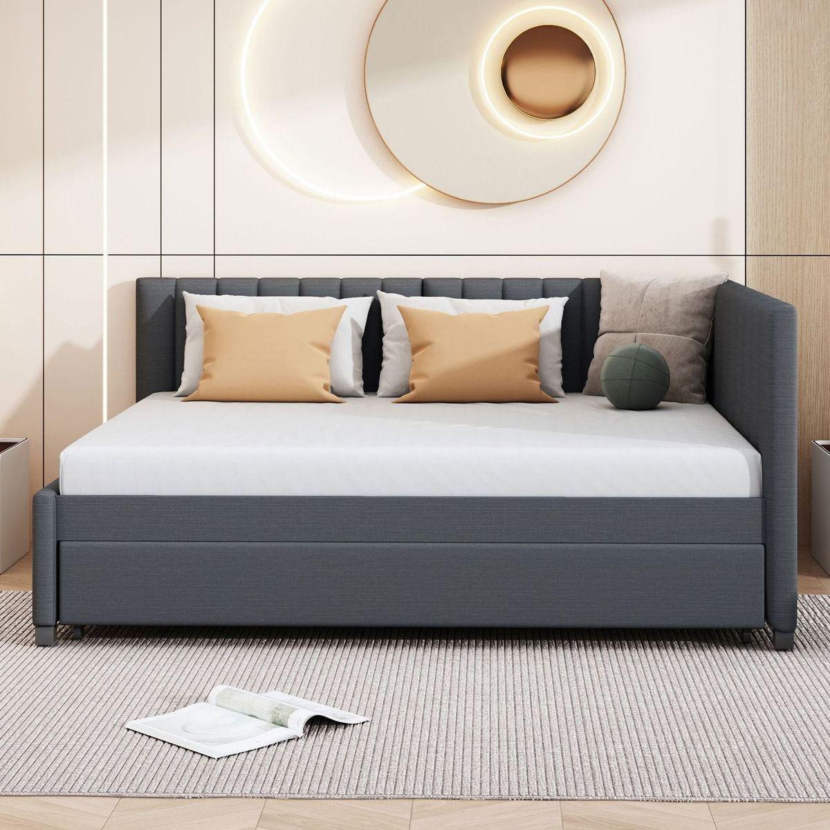 Full Size Upholstered Daybed with Trundle Sofa Bed Frame No Box Spring Needed, Linen Fabric(Gray)