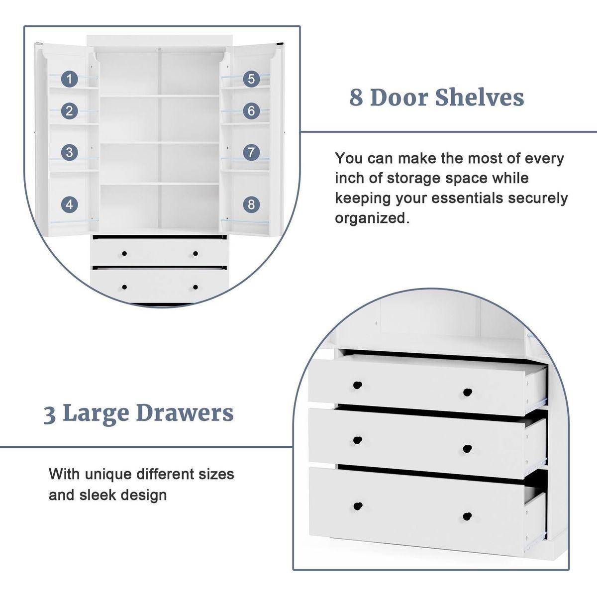 [Assembly Video Provided]77inch Farmhouse Kitchen Pantry, Freestanding Tall Cupboard Storage Cabinet with 3 Adjustable Shelves, 8 Door Shelves, 3 Drawers for Kitchen, Dining Room, White