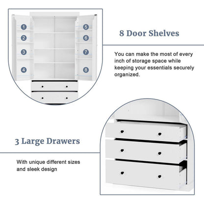 [Assembly Video Provided]77inch Farmhouse Kitchen Pantry, Freestanding Tall Cupboard Storage Cabinet with 3 Adjustable Shelves, 8 Door Shelves, 3 Drawers for Kitchen, Dining Room, White