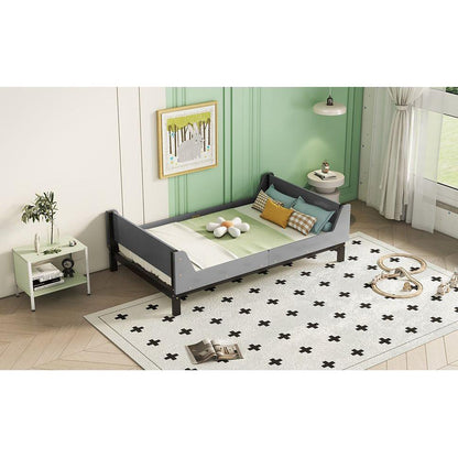 Twin Bed with Headboard, Footboard, Safeguards, Built-in Bed-end Book Storage Rack, Grey