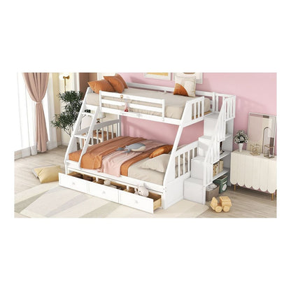 Twin-Over-Full Bunk Bed with Drawers氓Ladder and Storage Staircase, White