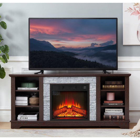 Faux Stacked Stone TV Media Stand with Open Storage Modern Entertainment Console Space with 18" Fireplace Insert, Cherry, 58.31"Wx15.39"Dx26.06"H