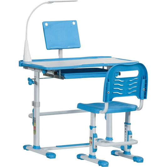 Qaba Kids Desk and Chair Set, Height Adjustable School Study Table and Chair, Student Writing Desk with Tilt Desktop, LED Light, Pen Box, Drawer, Reading Board, Cup Holder, and Pen Slots, Blue