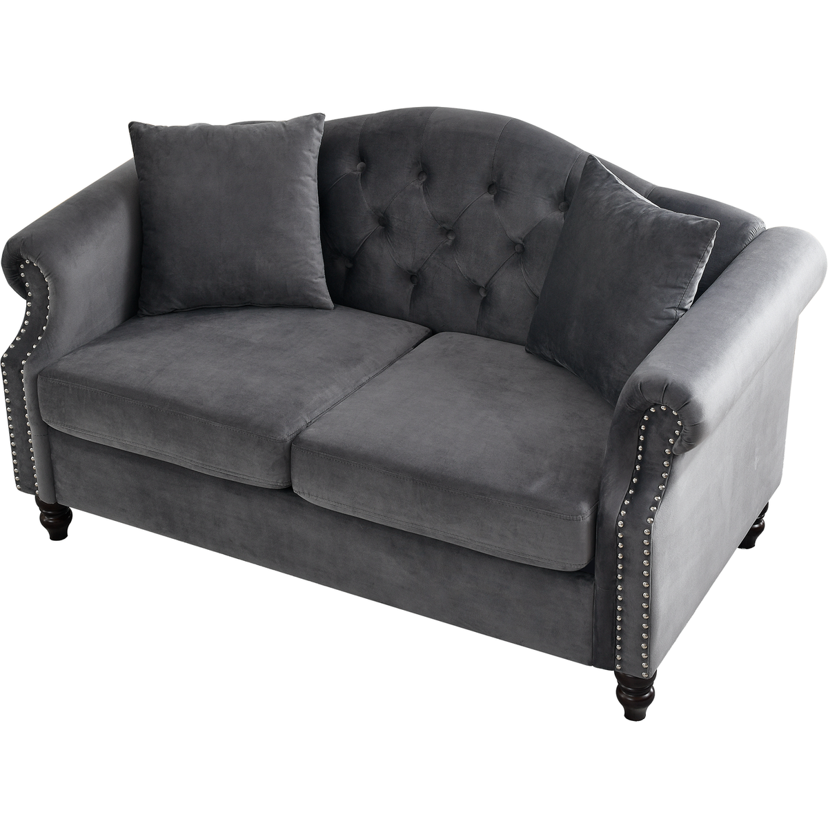 57" Chesterfield Sofa Grey Velvet for Living Room, 2 Seater Sofa Tufted Couch with Rolled Arms and Nailhead for Living Room, Bedroom, Office, Apartment, two pillows