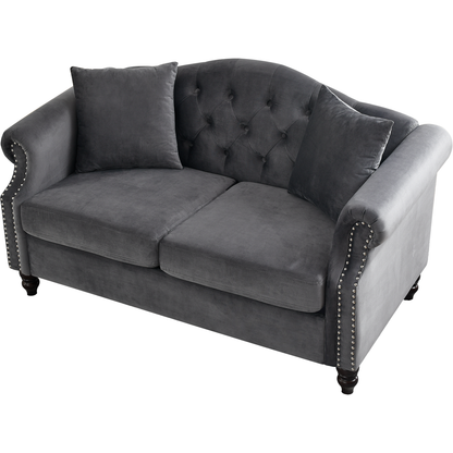57" Chesterfield Sofa Grey Velvet for Living Room, 2 Seater Sofa Tufted Couch with Rolled Arms and Nailhead for Living Room, Bedroom, Office, Apartment, two pillows