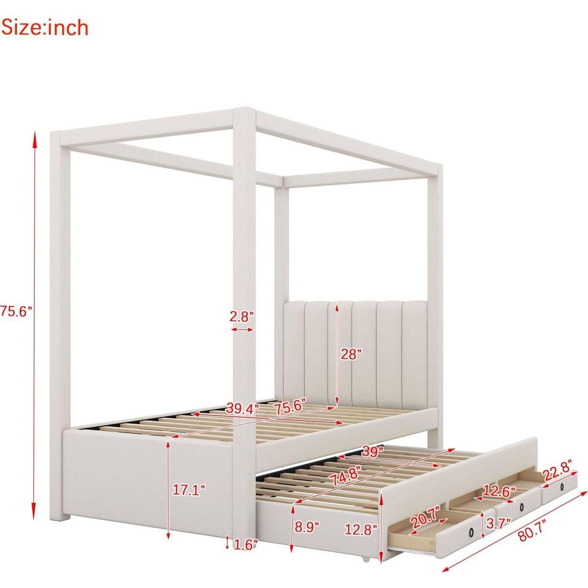 Twin Size Upholstery Canopy Platform Bed with Trundle and Three Storage Drawers, Beige