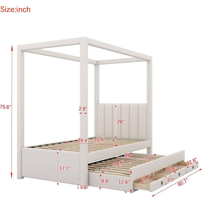 Twin Size Upholstery Canopy Platform Bed with Trundle and Three Storage Drawers, Beige