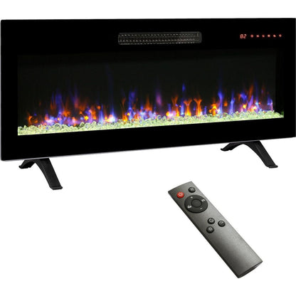 42 inch recessed ultra thin tempered glass front wall mounted electric fireplace with remote and multi color flame & emberbed, LED light heater