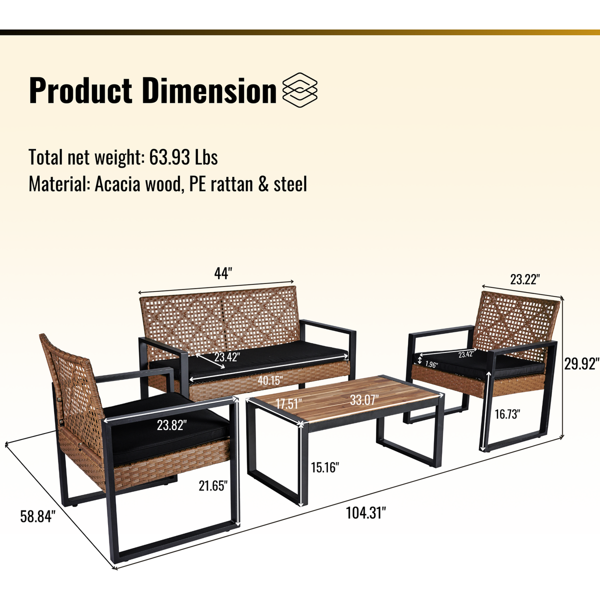4-Piece Patio Furniture Set Outdoor Balcony Porch Garden Backyard Lawn Furniture Acacia Wood Table Top, Morden Black and Light Brown