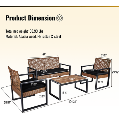 4-Piece Patio Furniture Set Outdoor Balcony Porch Garden Backyard Lawn Furniture Acacia Wood Table Top, Morden Black and Light Brown